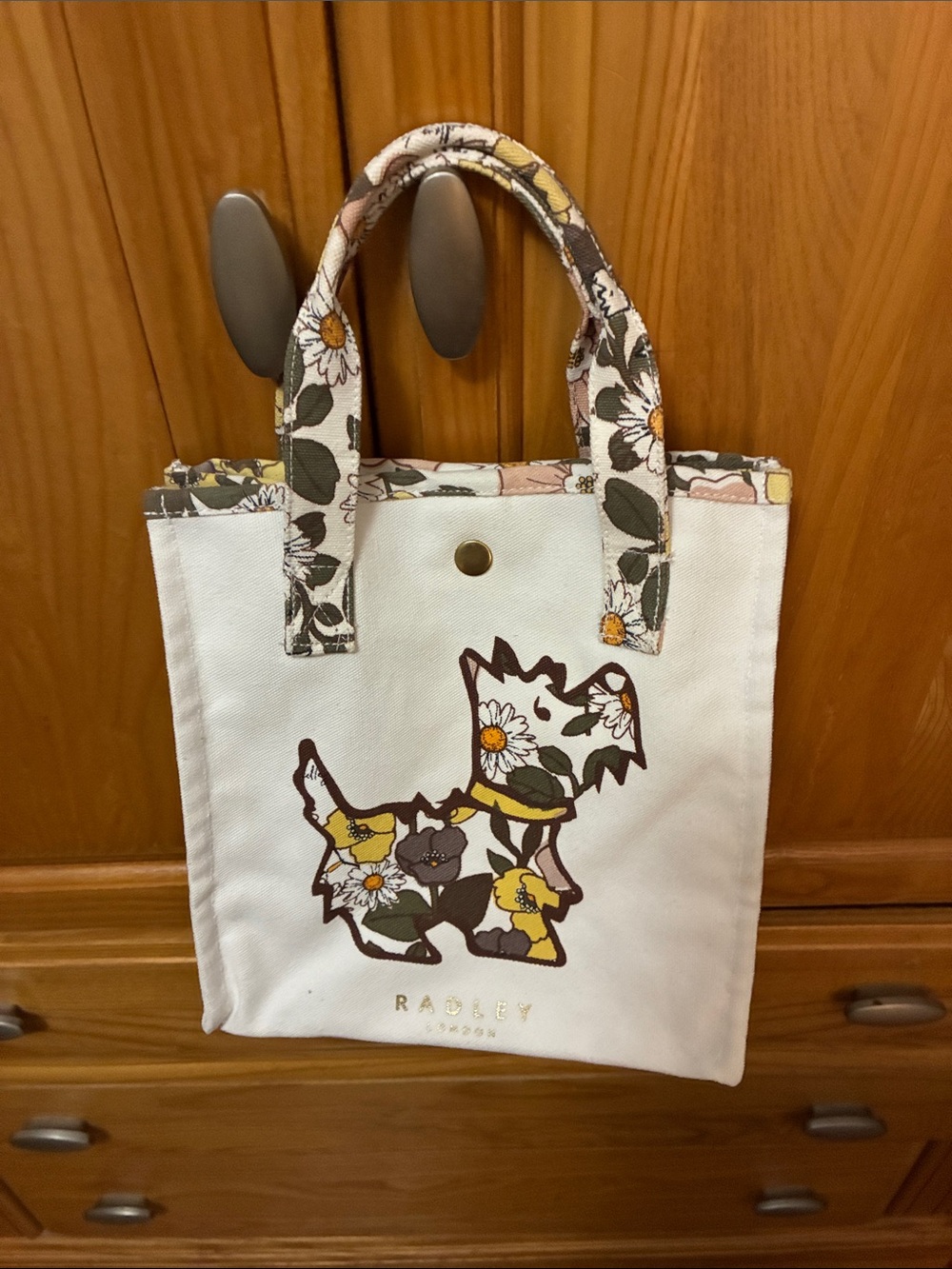 RADLEY LONDON White Floral Scottie Tote with Yellow & Brown Accents